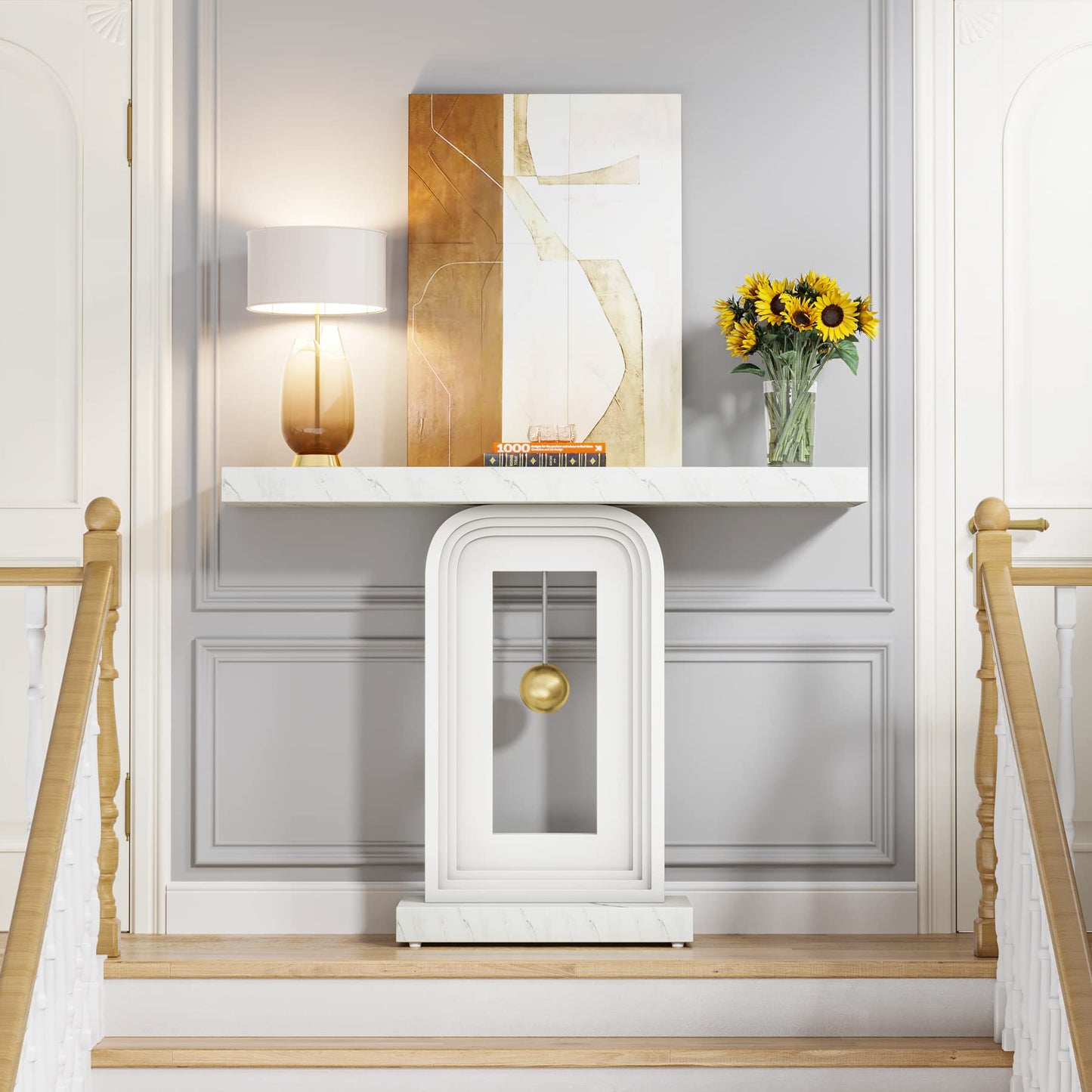 Tribesigns Modern Console Table, 40 Inches Narrow Sofa Entryway Table with Pendulum Shape Base, Contemporary Marble Accent Table for Living Room Hallway Entrance, White