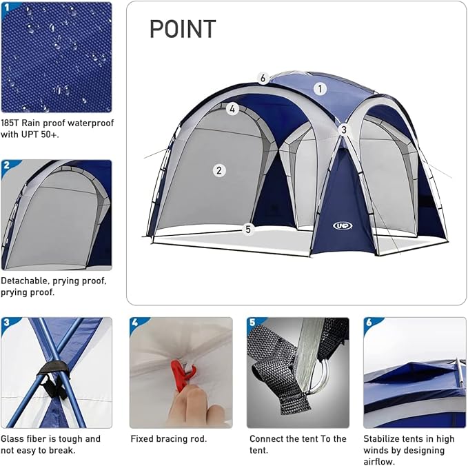 Large Beach Canopy Tent UPF 50+ 12x12 ft Waterproof & Rainproof Dome Sun Shelter for 8-10 Person with 2 Side Walls, Perfect for Camping, Backyard, Fishing, Parties, Picnics