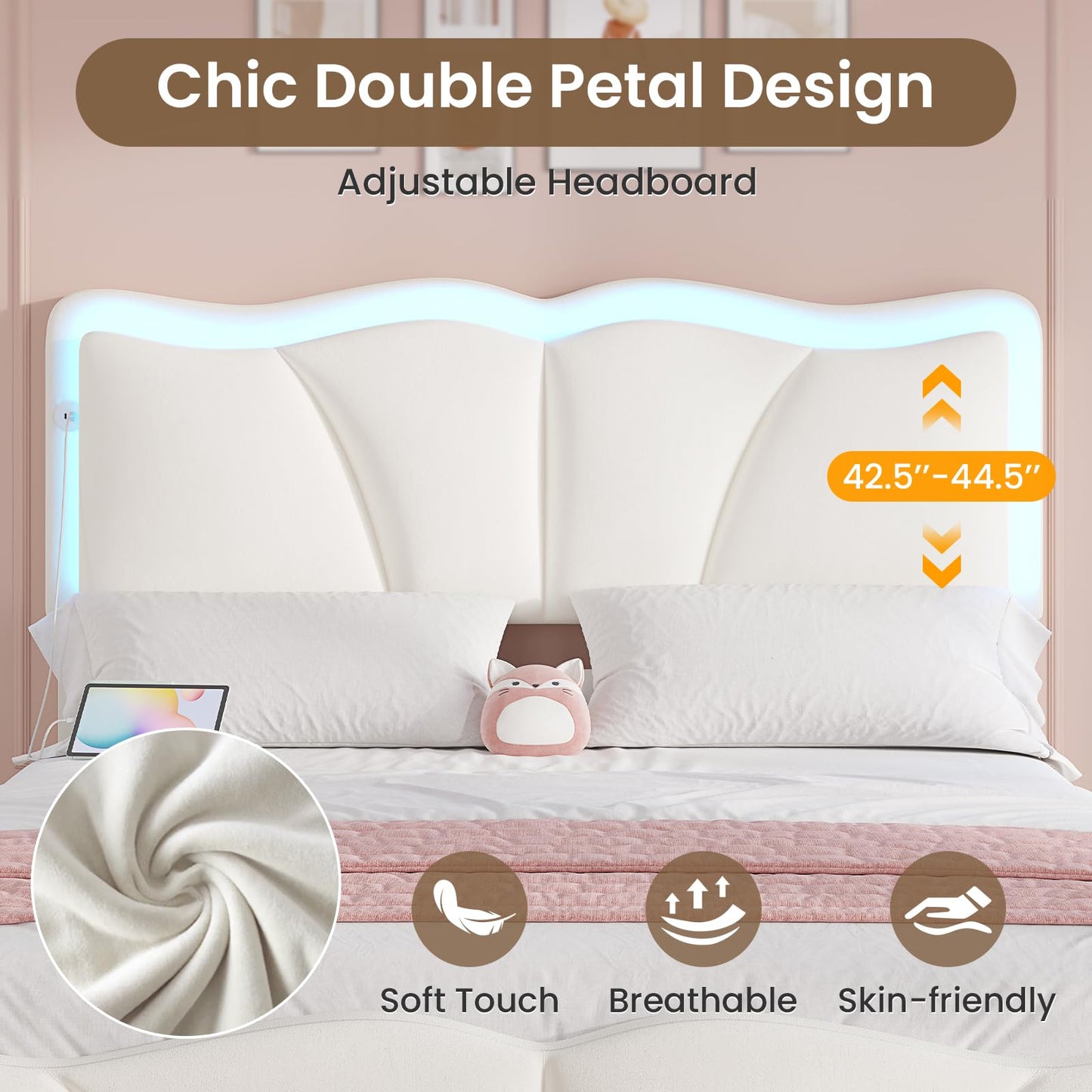Full Size Upholstered LED Bed Frame with Adjustable Chic Petal Headboard, Velvet Platform Storage Bedframe with 4 Drawers and Charging Station, No Box Spring Needed, Wooden Slats Support, Beige