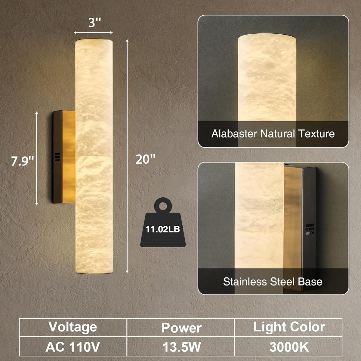 Alabaster Wall Sconces, 20" Brass Wall Sconce, Modern Bathroom Sconces Wall Lighting, Gold Wall Sconce, Spanish Natural Marble Sconce for Living Room, Bedroom, Stairs, Hallway