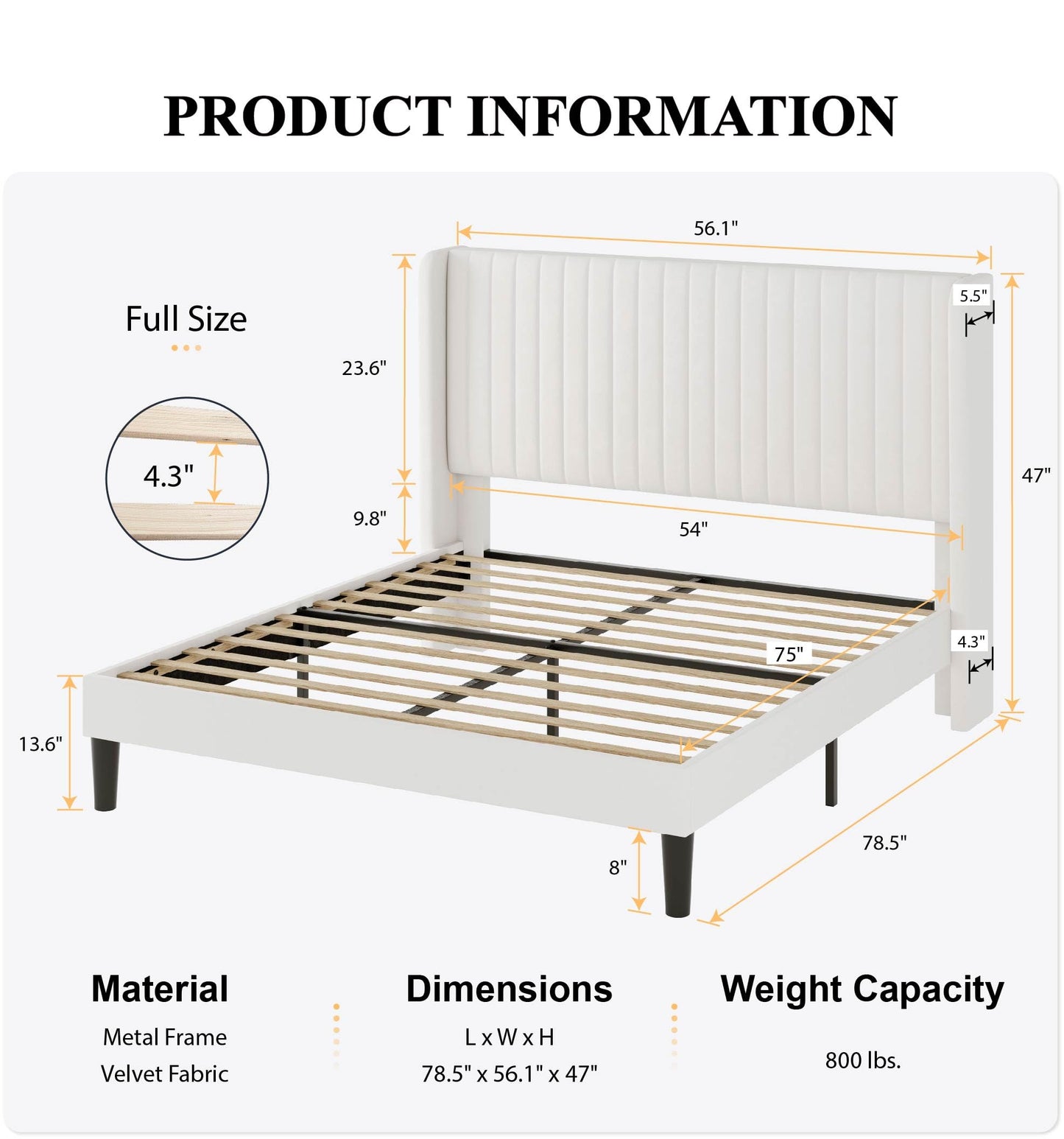 SHA CERLIN Full Size Velvet Bed Frame with Vertical Channel Tufted Wingback Headboard, Upholstered Platform Bed with Wood Slats, No Box Spring Needed, Easy Assembly, White