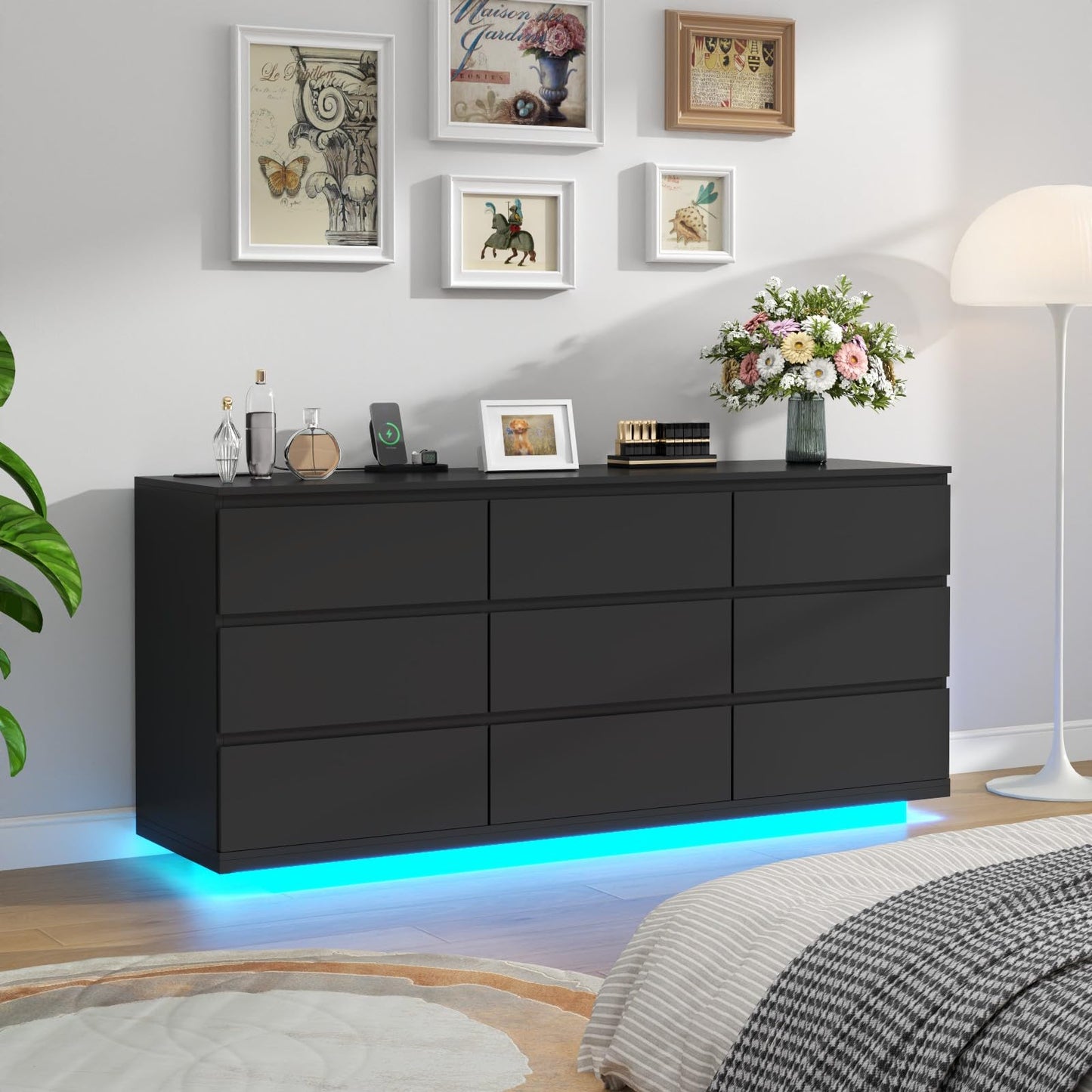 Gyfimoie 9 Drawer Dresser with Power Outlet and LED Lighting, Floating White Dresser Chest of Drawers, The Modern Organizer for Bedroom & Living Room (Black)