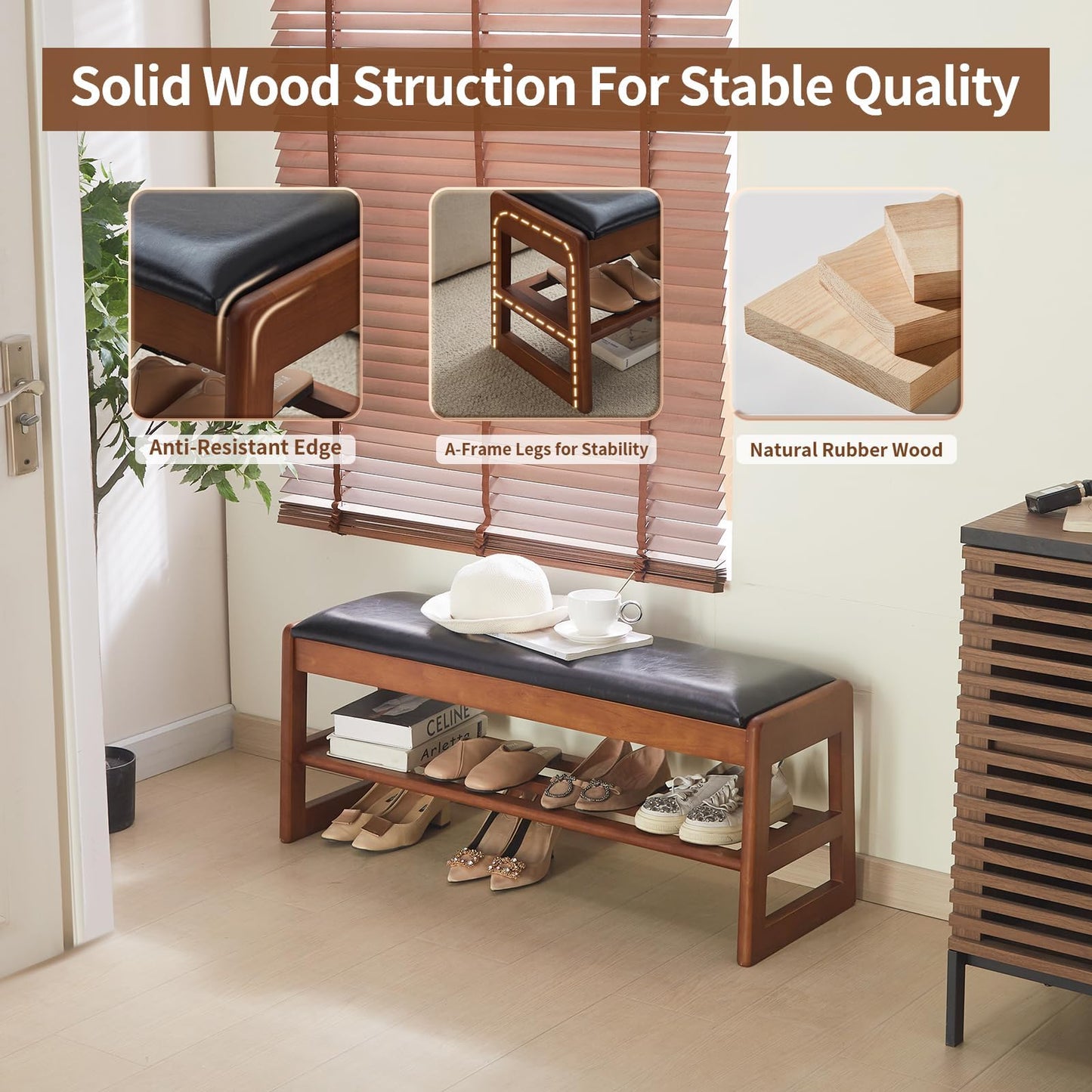 Jimenuco Solid Wood Shoe Rack for Entryway, 40" Shoe Storage Bench with Cushion, PU Upholstered 2-Tier Shoe Bench, Flip-Open Storage Compartment, Ideal for entryways, Closets, or mudrooms