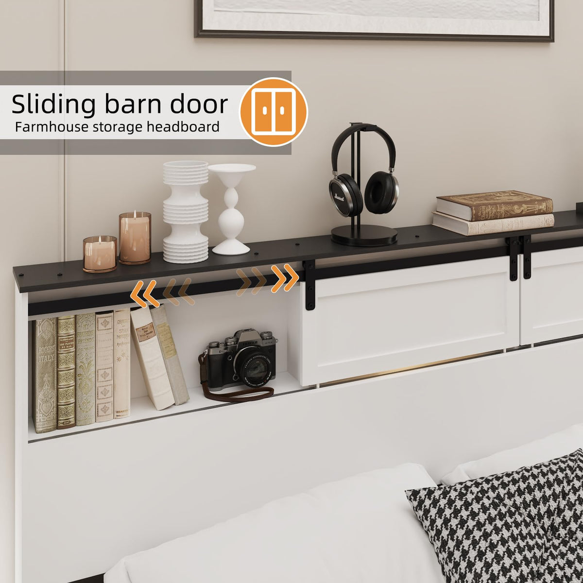QNICE King Size Wooden Bed Frame with Storage Headboard, LED Lights & Charging Station, Sliding Barn Door, Farmhouse Wood Platform Bed with Metal Slats Support, Boho White