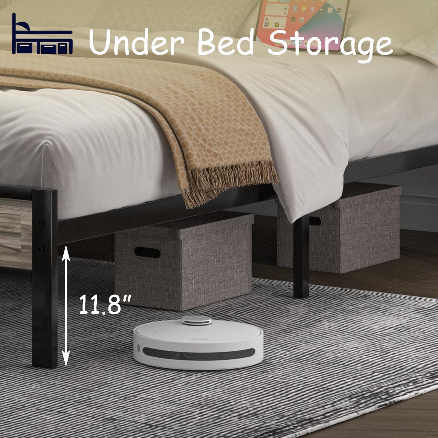 Full Size Bed Frame with LED Lights and Charging Station, Metal Platform Bed Frame Full with Storage and Rustic Barn Door Headboard, Noise Free, No Box Spring Needed, Easy Assembly, Wash Grey