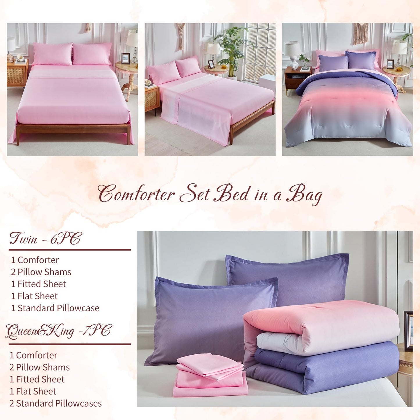 Grey Pink and Purple Gradient Comforter Set Twin Size 6 Pieces Elegant Ombre Bed in a Bag - Reversible All Season Bedding Set with Comforter, Flat Sheet, Fitted Sheet, Pillowcase & 2 Pillow Shams