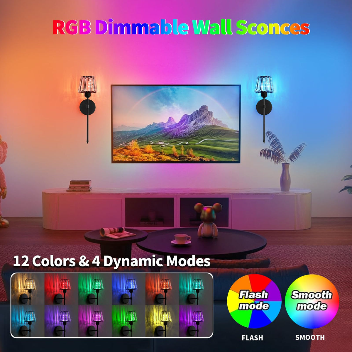 Battery Operated Crystal Wall Sconce Set of 2, Black Rechargeable Wireless Wall Sconces with Remote Dimmable 12 Colors Modes Led Wall Lights, Wall Lamp for Bedroom Living Room Hallway 2 Bulbs Included
