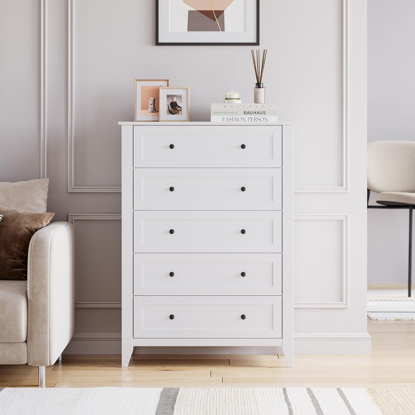 GarveeHome White Drawer Dresser for Bedroom, 5 Chest of Drawers, Modern Wood Tall Dresser Cabinet, Organizer Drawers for Closet, Living Room, Hallway, Entryway