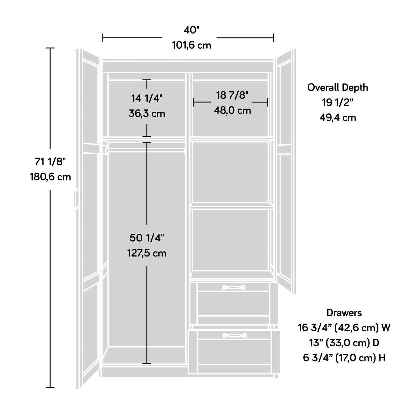 Sauder Miscellaneous Wardrobe/Storage Pantry Cabinet, L: 40.0" x W: 19.45" x H: 71.1", Soft White