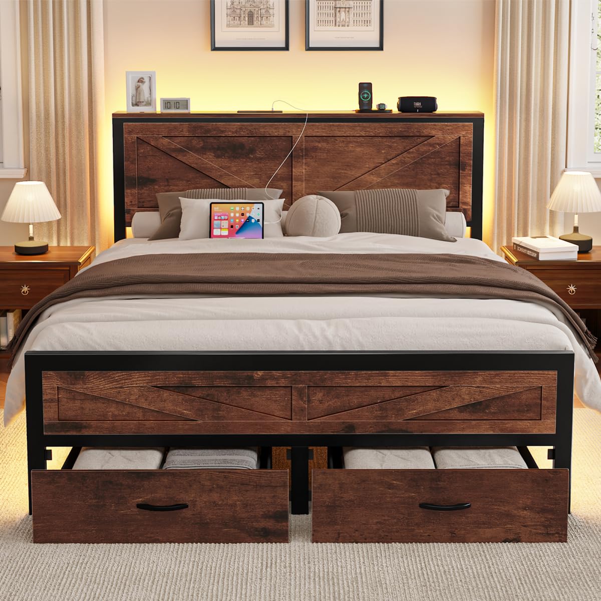 Siihnon Rustic King Size Bed Frame with Storage Drawers and Barn Door Headboard, Farmhouse LED King Bed Frame with Charging Station, Metal Industrial Platform Bed Frames, No Box Spring Needed, Brown