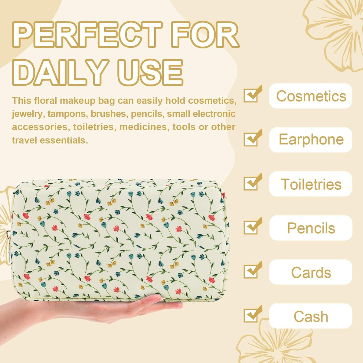 Waterproof Small Floral Makeup Bag Pouch for Purse,Nylon Flower Cosmetic Bag Preppy Travel Toiletry Storage Bag for Women Girl,Cute Makeup Organizer Bag Pouch with Zipper(Small Light Yellow-Flowers)