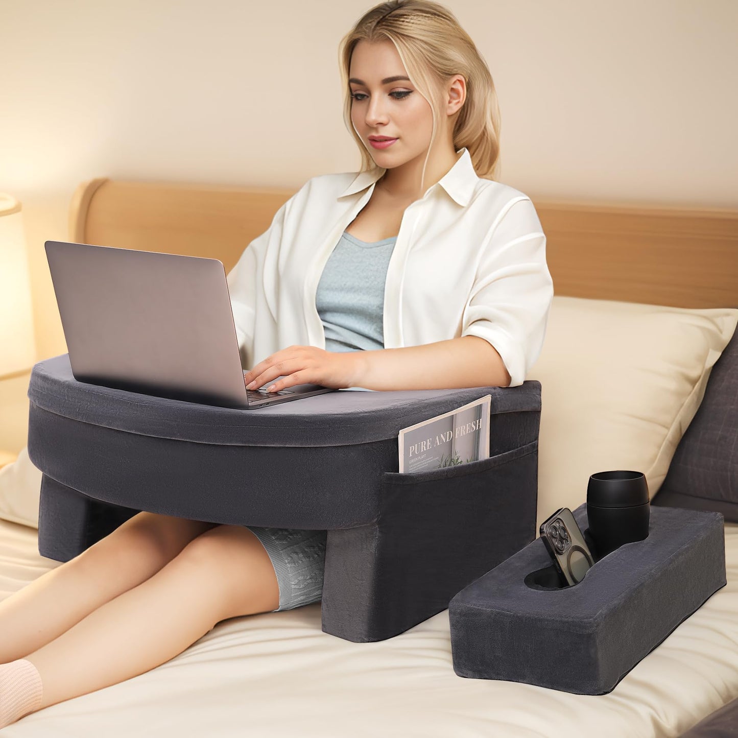 KKdema Reading Pillow & Gaming Pillow for Lap, Lap Desk Pillow for Gaming with Coaster, Soft Arm Rest Pillow for Adult, Memory Foam Rest Pillows for Reading, Working, Sitting in Floor Sofa, Grey