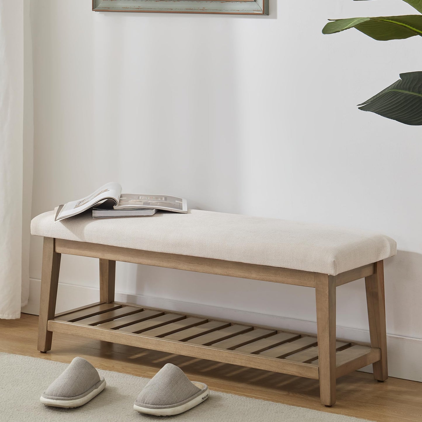 Zihanhome Entryway Bench, Chenille Upholstered Shoe Benches for Bedroom, Ottoman Bench with Solid Wood Shelf, Storage Benches for Hallway, Living Room(Beige)