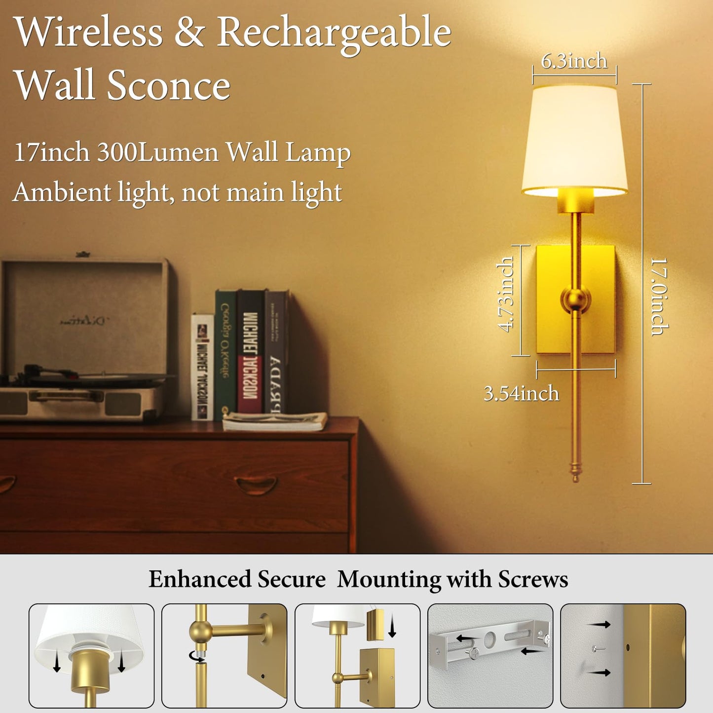 Battery Operated Wall Sconces Set of 2: Gold Rechargeable Wall Lights with Touch and Remote Control, Wireless Battery Powered Wall Scone Cordless Wall Lamp for Bedroom Living Room Bathroom Hallway