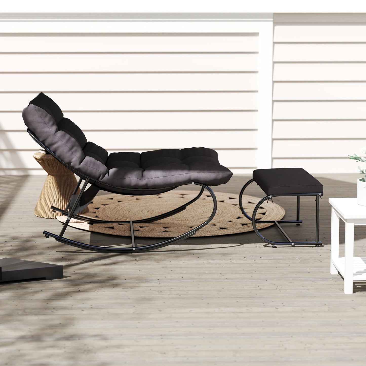 DAYARUS Upholstered Outdoor Rocking Chairs, Modern Patio Rocking Chair Set of 2 with Foot Rest, Study Metal Papasan Rocking Chair, Cozy Rockings Recliner Chair for Bedroom/Living Room/Lawn, Gray