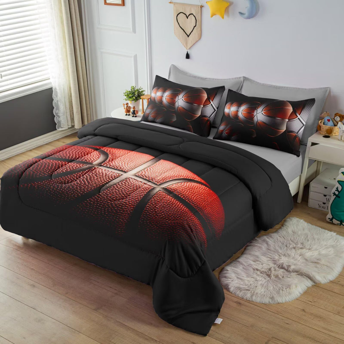 GRAT TIOC Teens Boys Sports Comforter Set Twin,Basketball Bedding Set for Kids,Sports Orange Basketball Comforter Sets,Black Teenage Boy Bedroom Bed Set 3 Pieces with Pillowcases