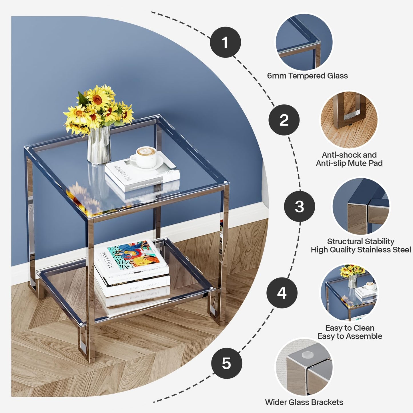 2 Tier Square End Table Side Table with Tempered Glass Top and Silver Stainless Steel Frame Modern Night Stand for Small Spaces Side Table with Storage for Living Room Bedroom