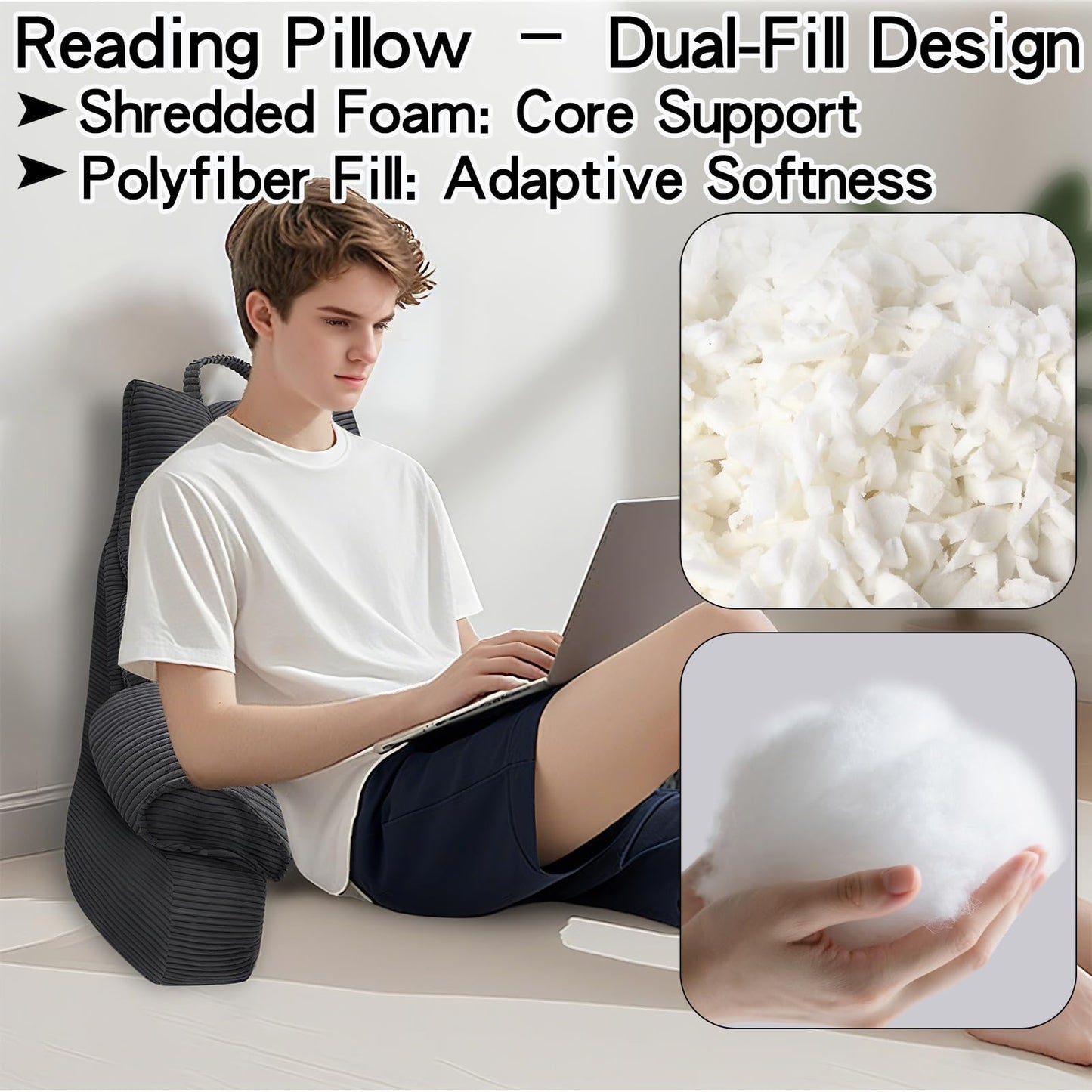 RRPAHWTV Reading Pillow for Bed with High Arm Rests ,Back Support Pillow for Sitting Up in Bed with Shredded Memory Foam for Reading, TV, Gaming or Relaxing on Floor（Grey Black, Large）