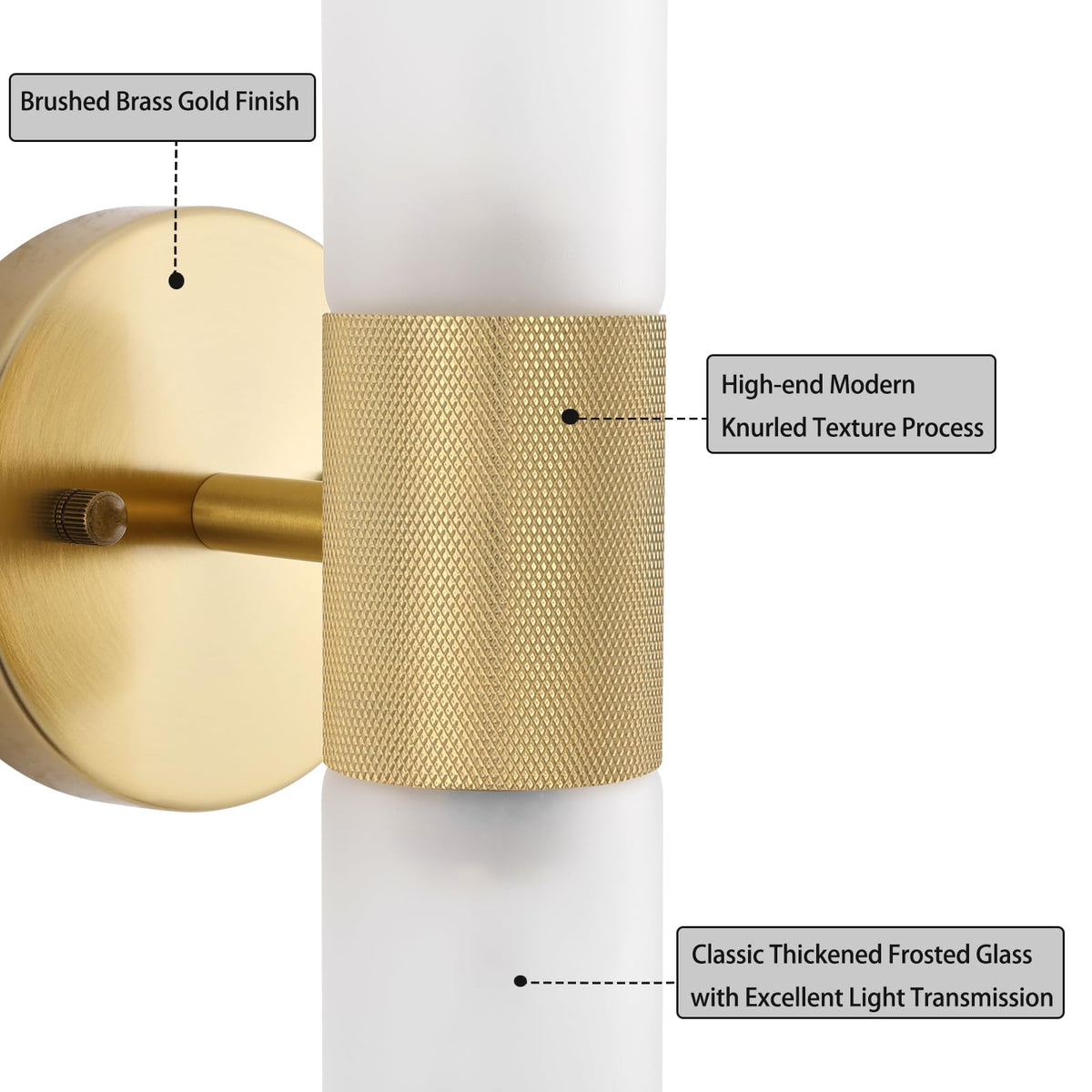 BYOLIIMA Gold Knurled Texture Wall Sconce Frosted Glass Shade Modern Bathroom Vanity Light Fixtures 2-Lights Mid Century Wall Light for Mirror Living Room Hallway E26 T10 Bulbs(Excluded)