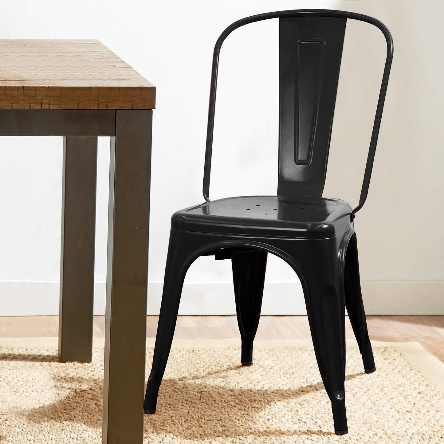 Devoko Metal Indoor-Outdoor Chairs Distressed Style Kitchen Dining Chairs Stackable Side Chairs with Back Set of 4 (Black)