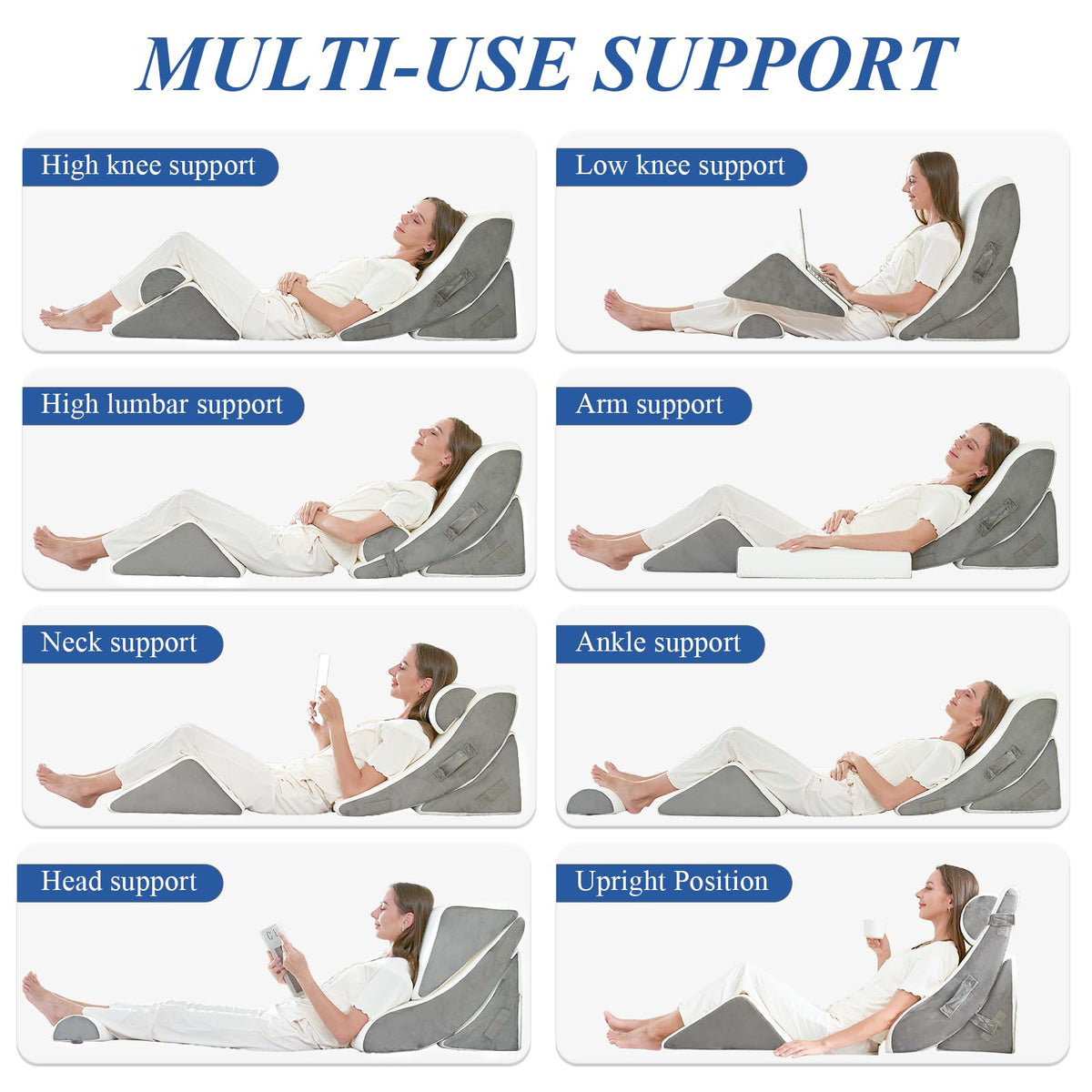 4PCS Orthopedic Bed Wedge Pillow Set, Post Surgery 45D Memory Foam for Back, Neck, and Leg Pain Relief Pleasing & Adjustable Support Pillows-Ease Acid Reflux & GRED with Better Sleep,White Light Grey