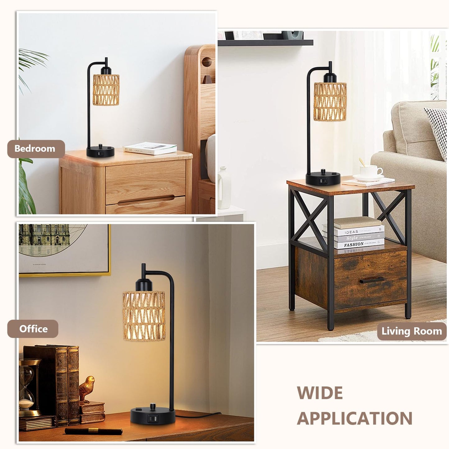 Stepeak Rattan Table Lamps for Living Room Set of 2, Boho Bedside Lamps with LED Bulbs, USB Charging Ports and Outlet, Farmhouse Nightstand Lamp with Woven Shade, Black Desk Lamp for Bedroom Office