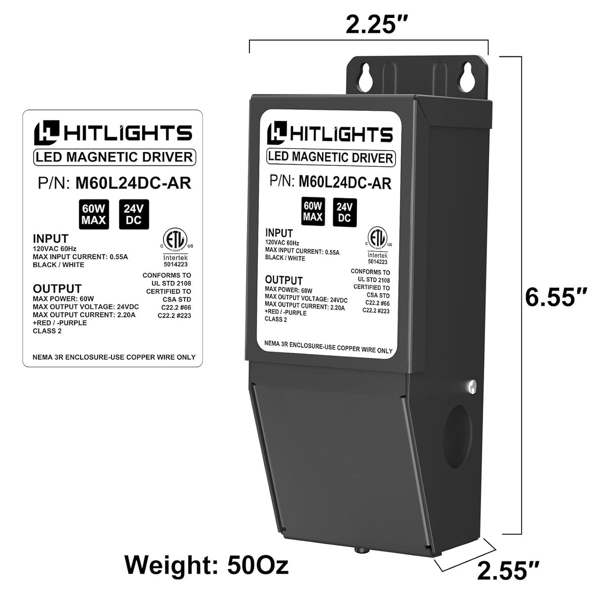 HitLights Dimmable LED Driver Transformer 24V 60W, Magnetic Power Supply 120VAC to 24VDC, Compatible with Lutron and Leviton Dimmers, for LED Strip Lights, Kitchen, Cabinet, Class 2, ETL Listed