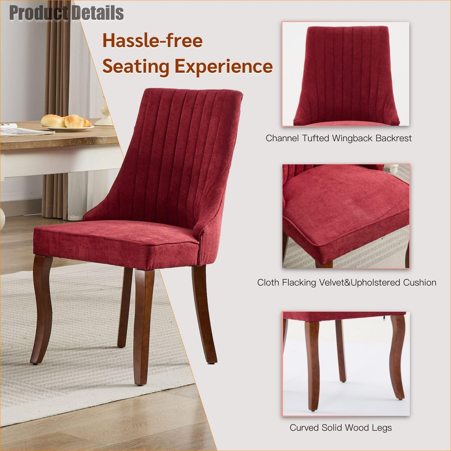 BEIDOR Dining Chairs Set of 6,Comfy Fabric Upholstered Accent Chairs for Kitchen Living Room,Channel Tufted Dining Room Chairs with Curved Solid Wood Legs(Wine Red)