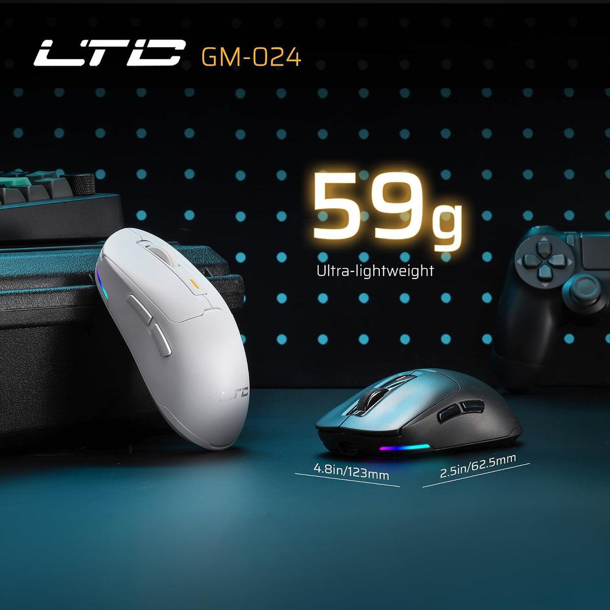 LTC GM024 Tri-Mode Wireless Gaming Mouse, 59g Ultra-Light Ergonomic Gaming Mouse 2.4Ghz/BT/Wired, 6-Level DPI 8000 Max, 1000Hz, 5 Programmable Buttons, Pro Software