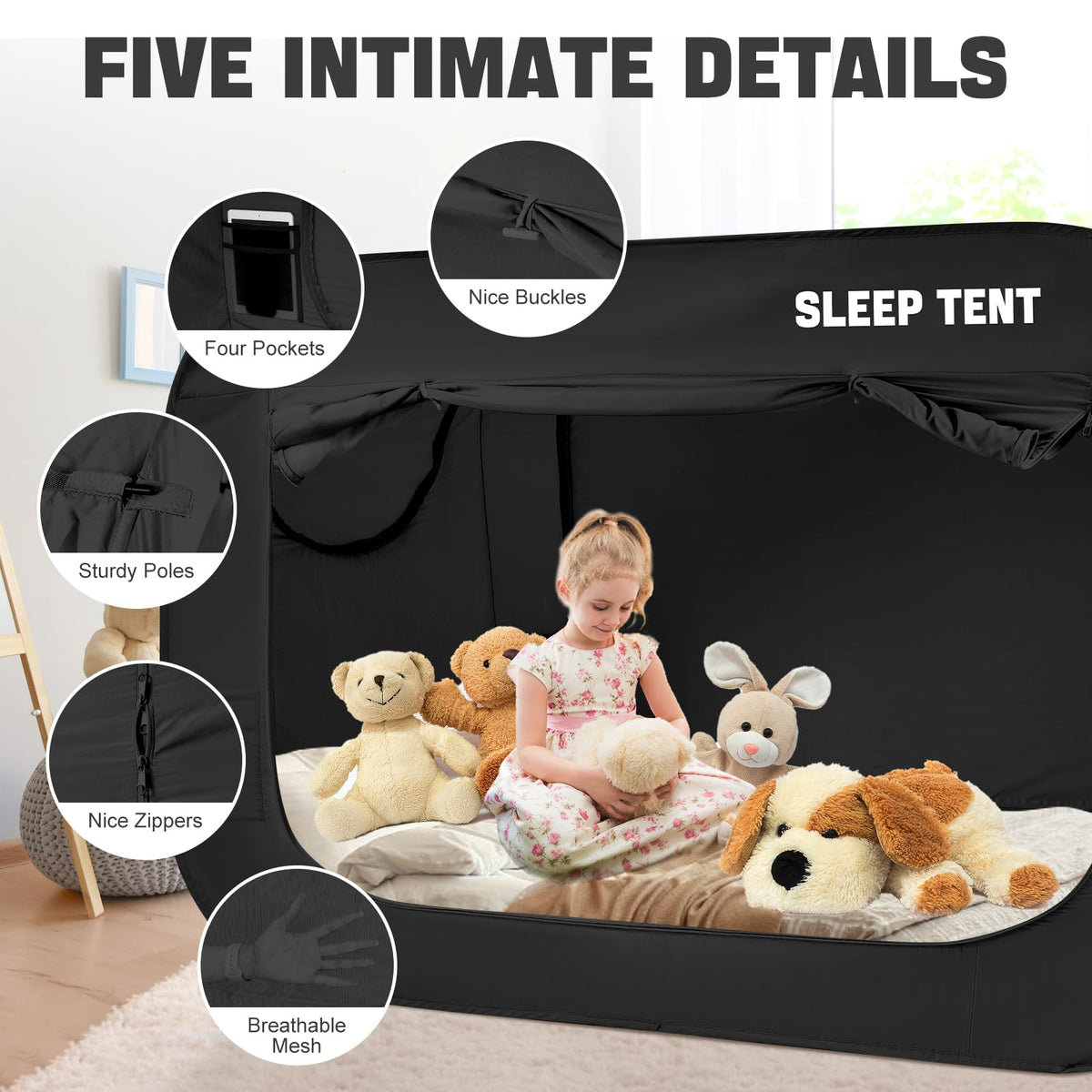 BORNA Bed Canopy Bed Tent Dream Tents Autism Shelter Cabin Indoor Sleeping Tents Privacy Warm Breathable Pop Up Twin Size Double Door with Mosquito Mesh Window for Kids and Adult (Black)