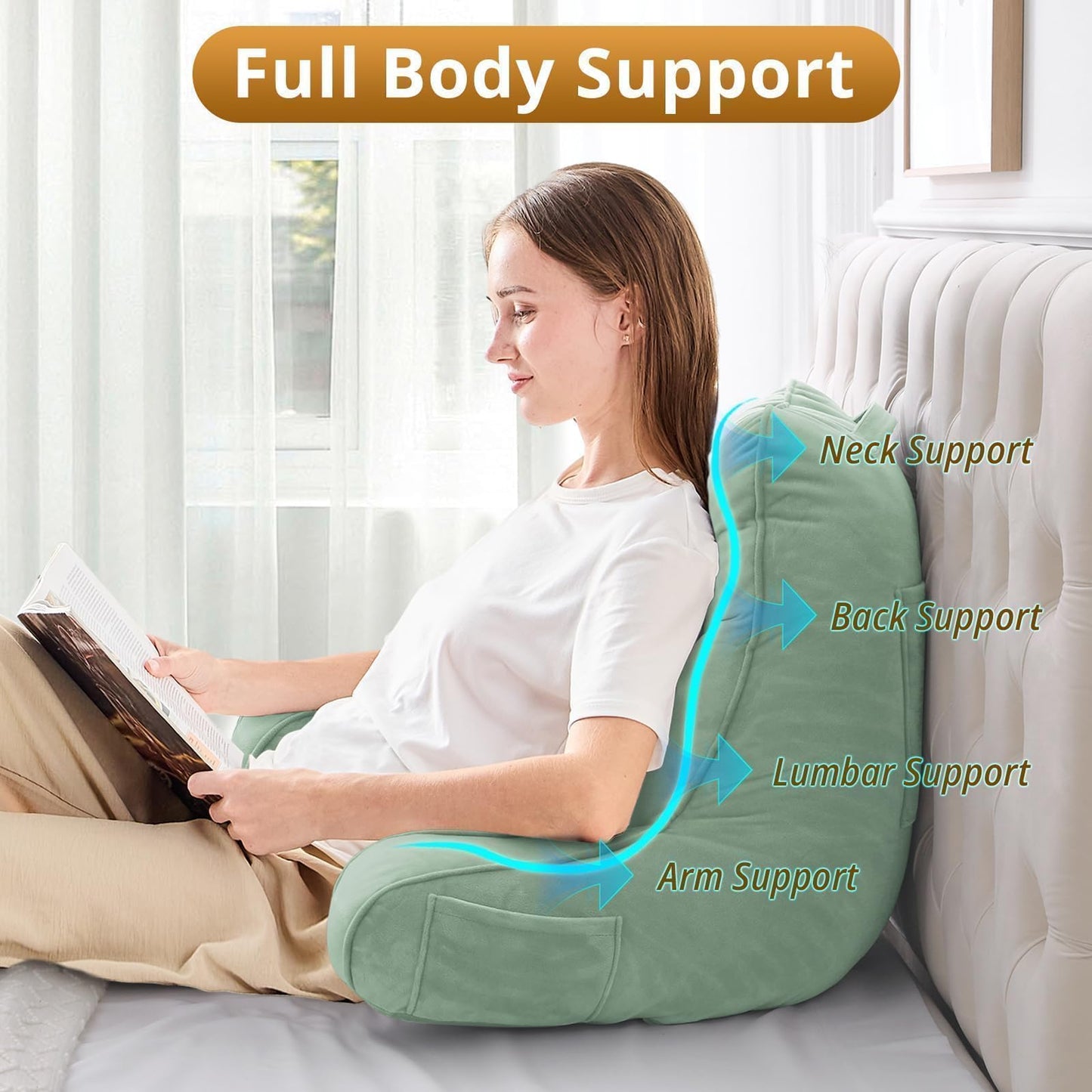 Sasttie Reading Pillow for Bed - 23 Inch, Back Pillow for Bed Sitting Up, Back-Rest Support Cushion with Side Pockets and Arms, Dorm Essentials, Oeko-Tex Certified, Sage