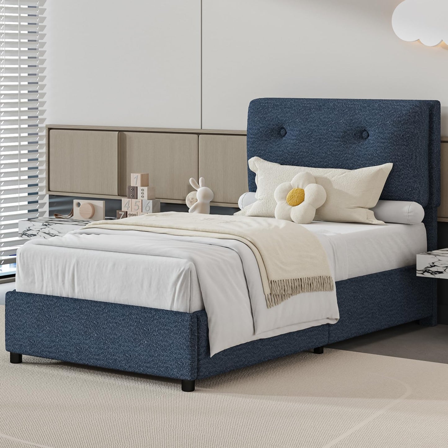 CHABUILDREARK Blue Twin Bed Frame, Upholstered Boucle Platform Bed with Headboard, Cloud Bed Frames with Soft Headboard, Wooden Slats Support, No Box Spring Needed, Easy Assembly, Navy Blue