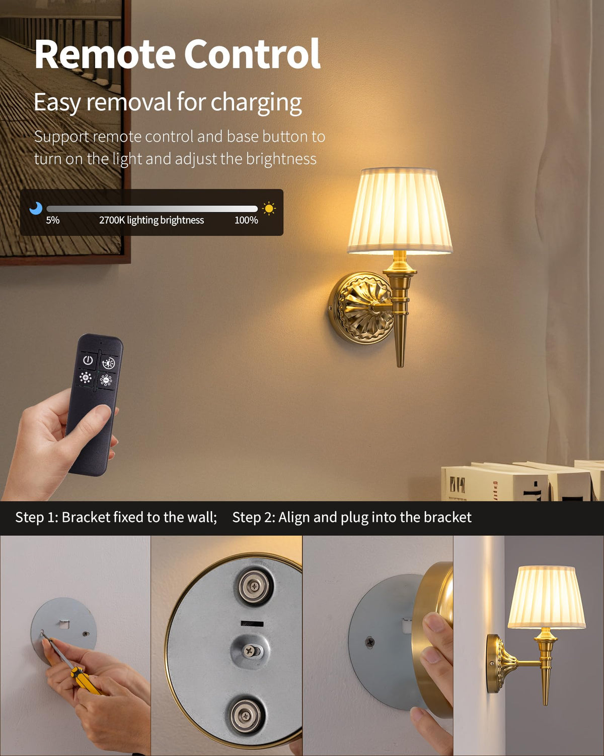 KDG Cordless Wall Sconces Set of 2, Small Wireless 5200mAh Rechargeable Battery Fabric LED Wall Lamps, Portables Lightings for Wall Painting, Living Room, Bedroom, Hallway, Gifts, Night Light (Gold)
