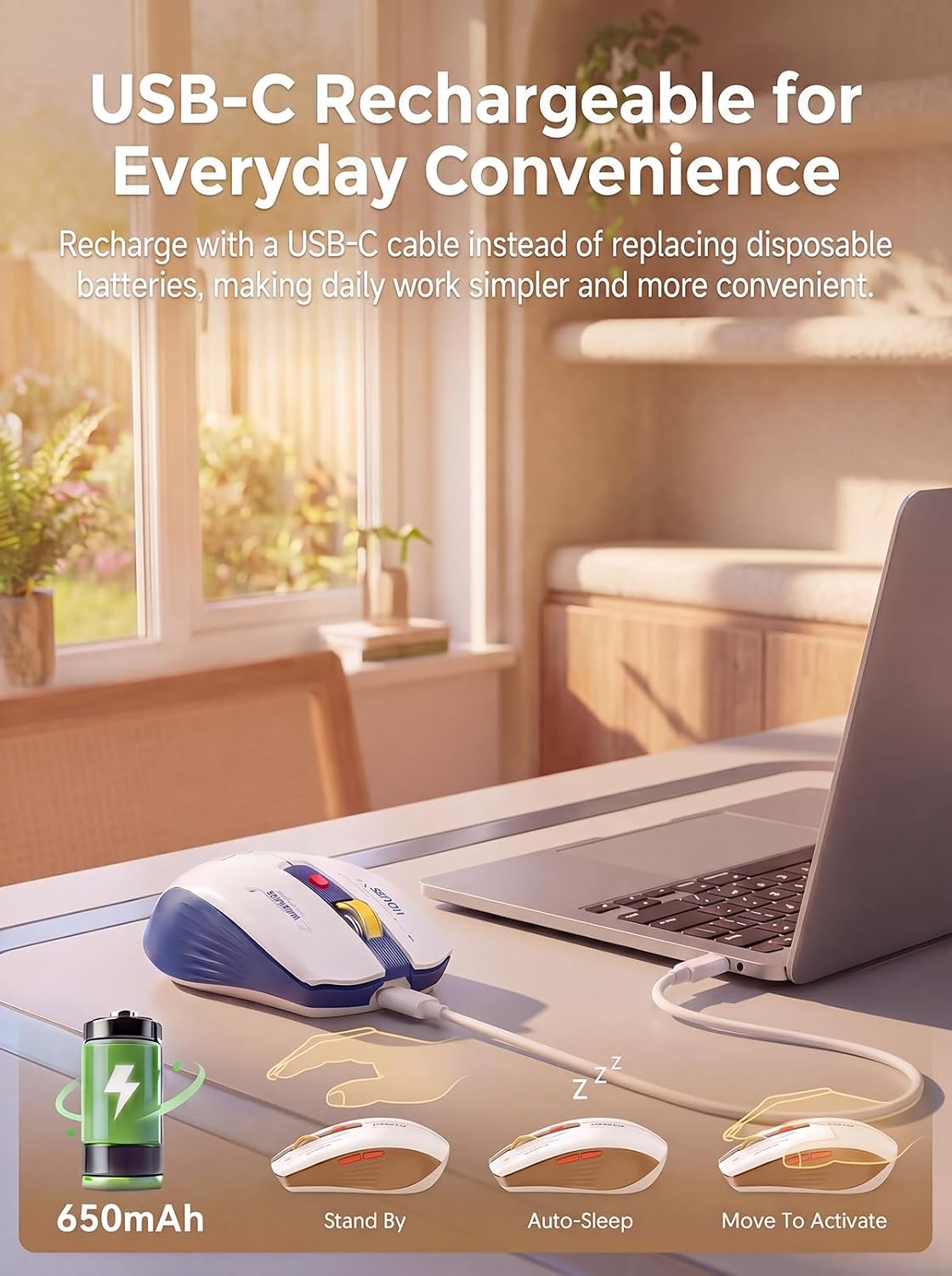 RAPIQUE Bluetooth Wireless Mouse - (BT1/BT2+USB) Tri-Mode High Performance, Rechargeable, Multi-Device Compatible with PC/Laptop/Computer/MacBook/iPad Air Pro (Blue and White)