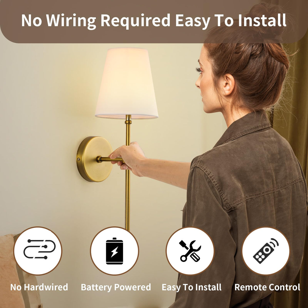 HOXIYA DIMMABLE Battery Operated Wall Sconces Set of 2, Rechargeable Wireless Gold Wall Lighting with Remote Control, Farmhouse Wall Lamp with Detachable Charging Light Bulb for Indoor Bedroom Brass