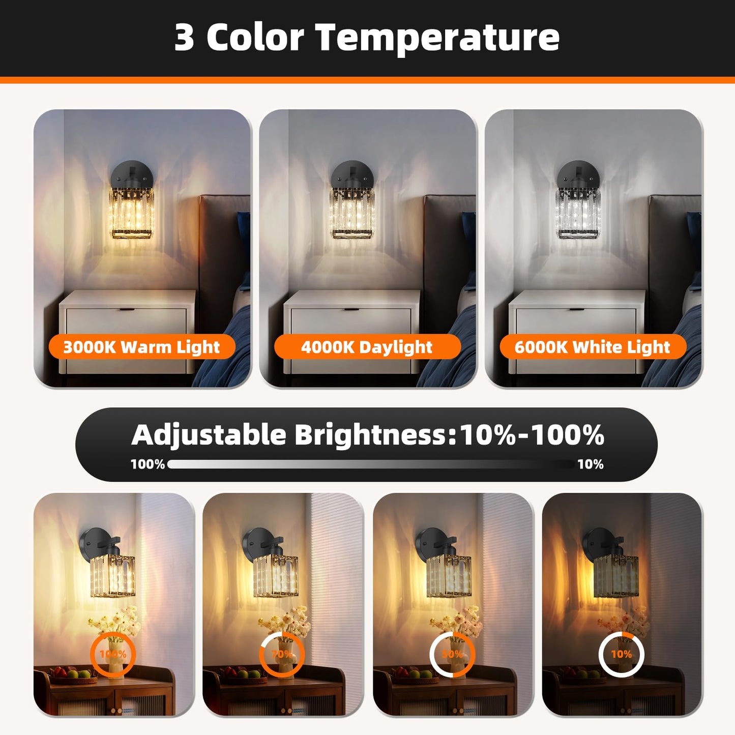 ZAUKNYA Battery Operated Wall Sconces Set of 2, Rechargeable Wireless Sconces with Remote Dimmable 12 Colors Crystal Battery Wall Sconce Set of Two for Bedroom Living Room Hallway (Black)