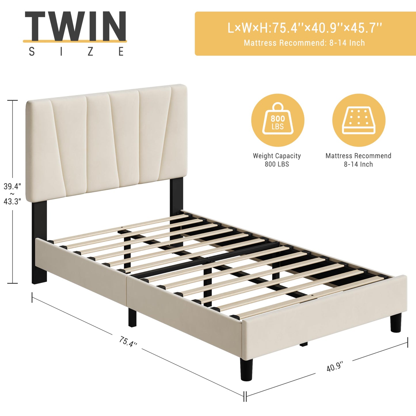 GarveeHome Bed Frame with Headboard Adjustable, Velvet Upholstered Tufted Platform Bedframe No Box Spring Needed (Beige(Velvety Matte Finish), Twin)