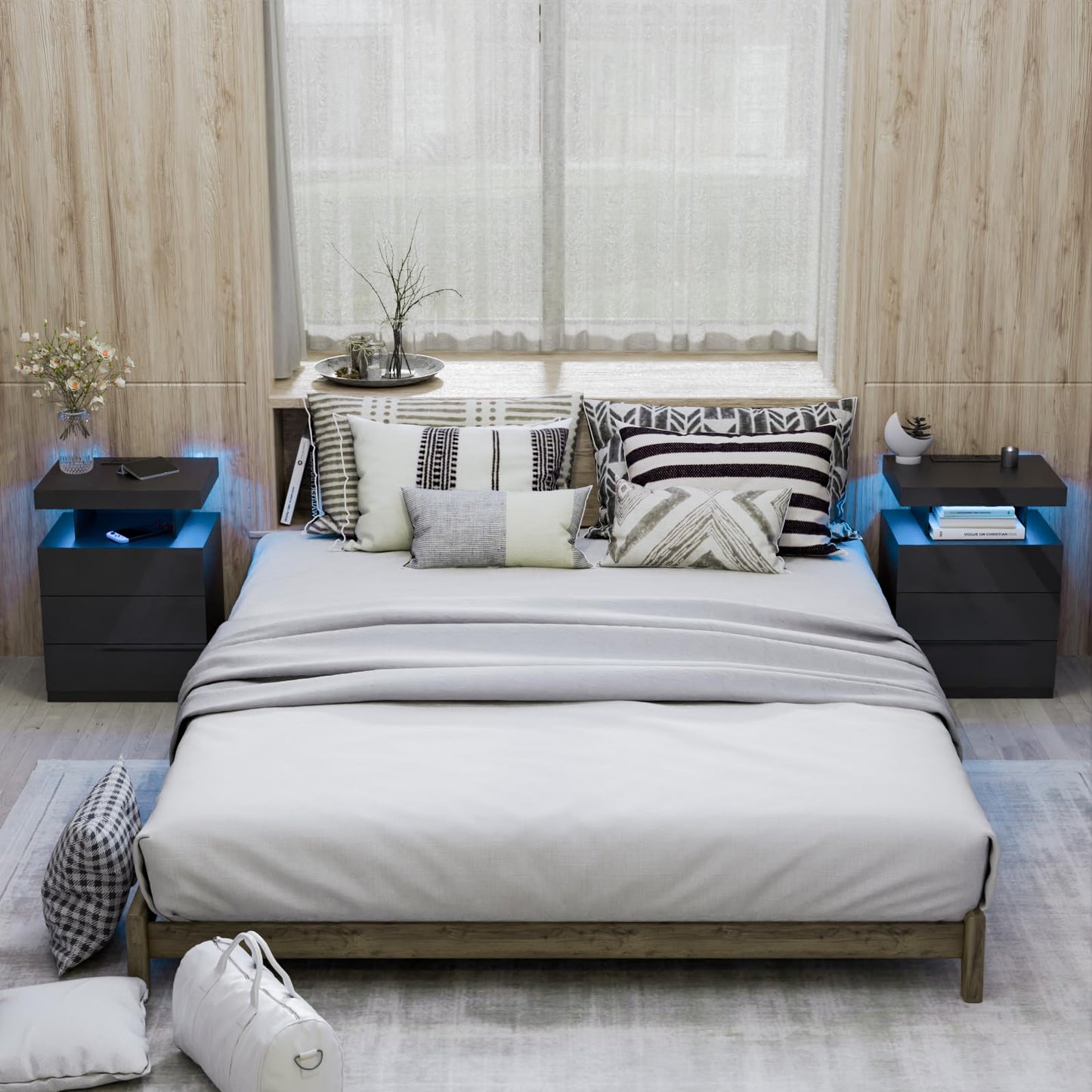 HOMMPA LED Nightstand with Wireless Charging Station & USB Ports, 3 Drawer Night Stand with LED Light RGB Adjustable Brightness, Smart Nightstand High Gloss Bedside Table for Bedroom Black