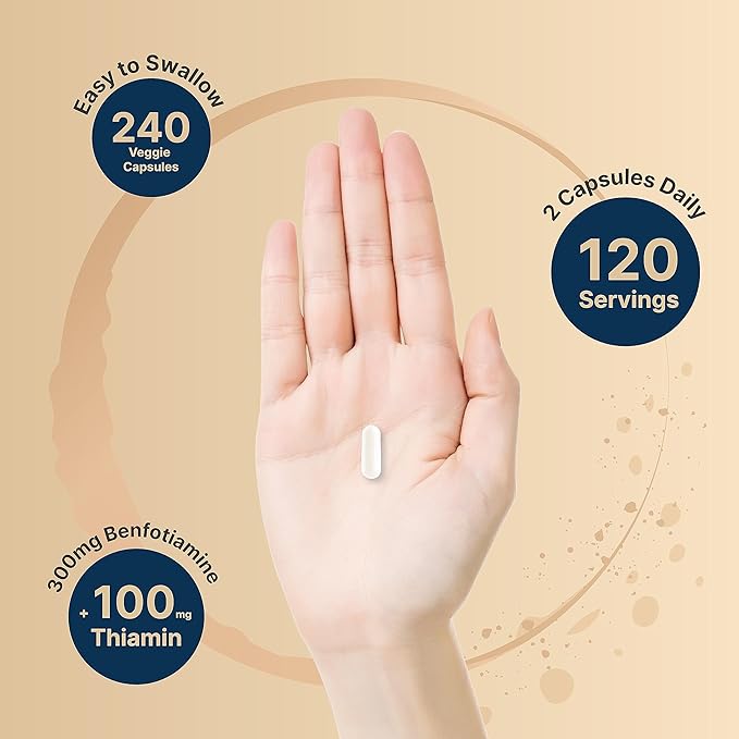 NatureBell Benfotiamine 300mg with Thiamine 100mg Per Serving | 240 Veggie Capsules – Essential Vitamin B1 Benfotiamine Supplement – Vegetarian Friendly