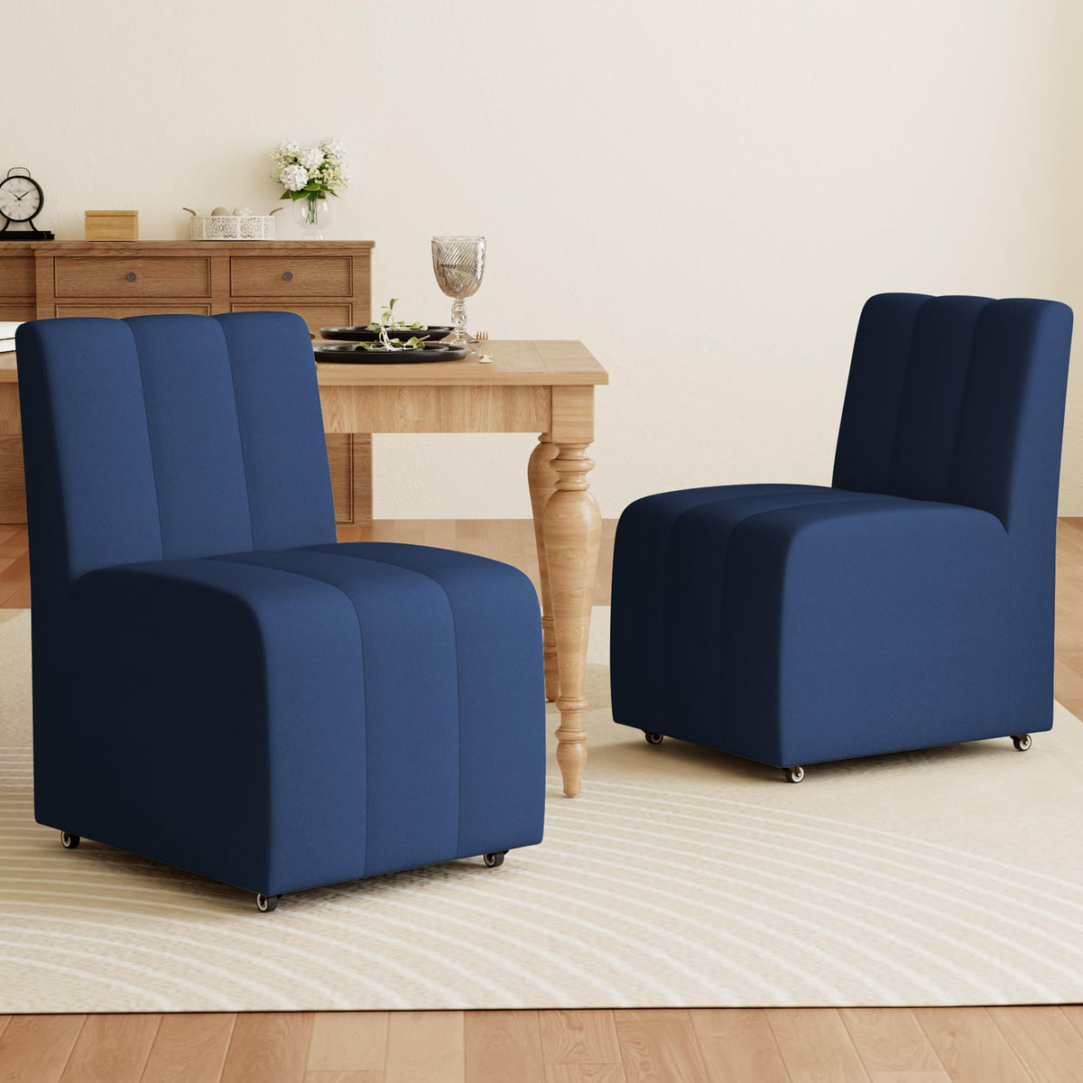 Upholstered Dining Chairs Set of 2, Modern Rolling Dining Chairs with Casters,Armless Swivel Chair,Linen Side Chair for Kitchen,Dining Room, Bedroom,Reading Room,Dressing Room,Living Room (Blue)