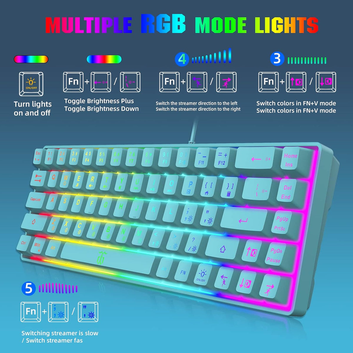 Snpurdiri 65% Membrane Gaming Keyboard, RGB (68 Keys,Blue)