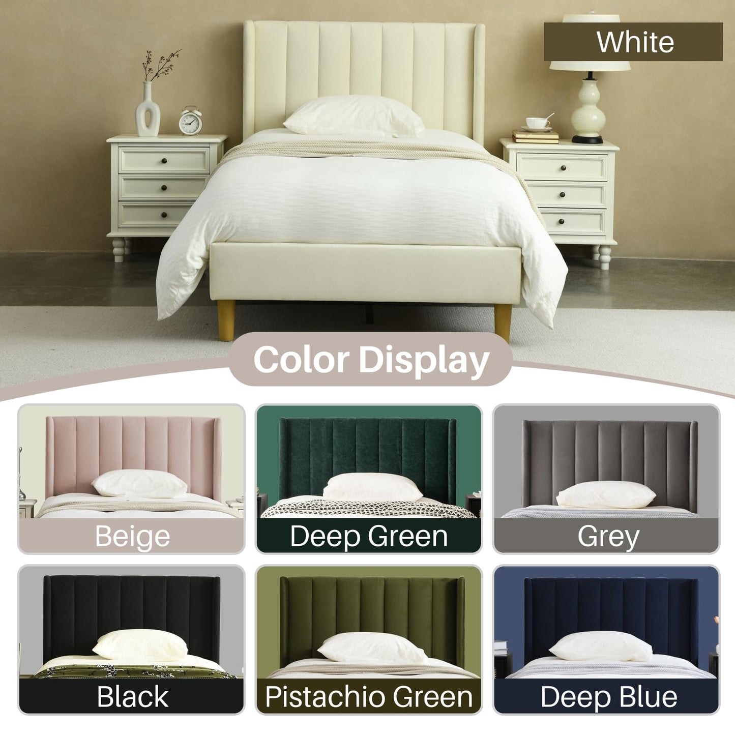 YUHUASHI Twin Size Bed Frame, Upholstered Bed Frame with Modern Geometric Wingback Headboard, Linen Fabric, Platform Bed Frame with Wooden Slats, Easy to Assemble and Noiseless (Beige, Twin)