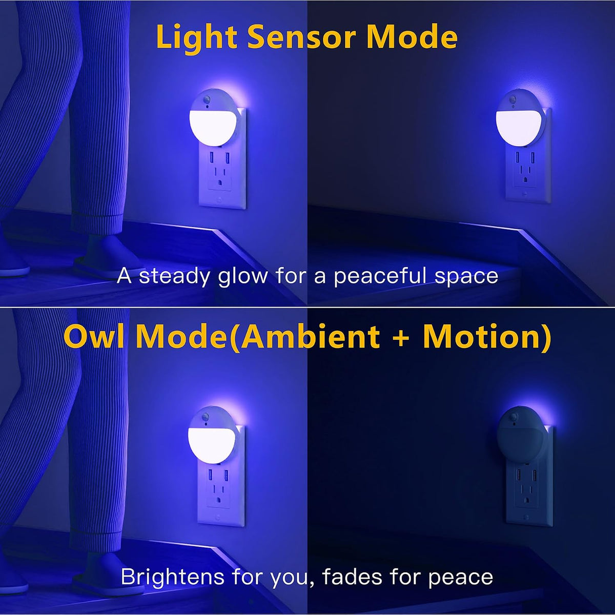YUNLEX Blue Night Lights Plug into Wall, Motion Sensor, Dimmable, 2 Pack