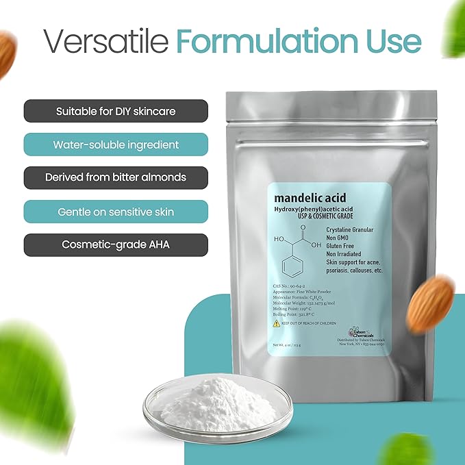 Mandelic Acid Powder 99.9% Purity, DIY Cosmetic Grade For Mandelic Acid Serum, Peel/Mask or add to Cream, Moisturizer (8 Ounce / 226 Gram)