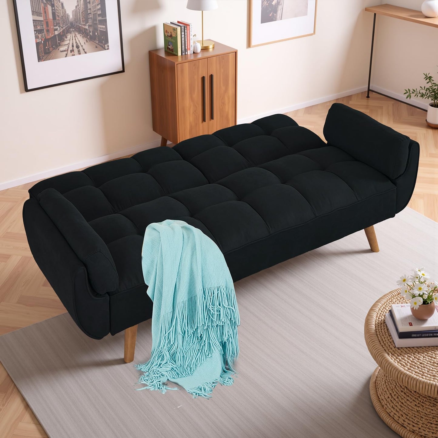 Modauiysa 73.9" Linen Futon Sofa Bed, Convertible Futon Couch Bed, Comfy Love Seat Sleeper with Adjustable Backrest, Small Couches for Small Spaces, Living Room,Bedroom and Office (Black)