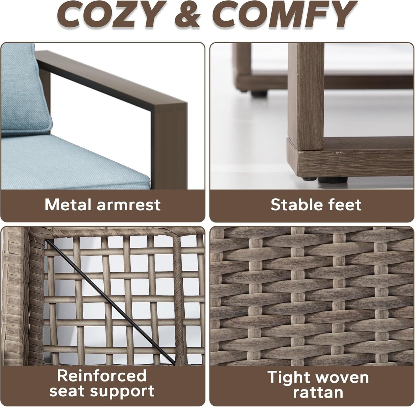 MeetLeisure 75" Patio Metal Wicker Sofa, All Weather Outdoor Rattan 3-Seat Sofa Couch with Premium Cushions & Rectangular Framed Wood-Looking Metal Armrest for Garden Backyard Porch Deck, Baby Blue