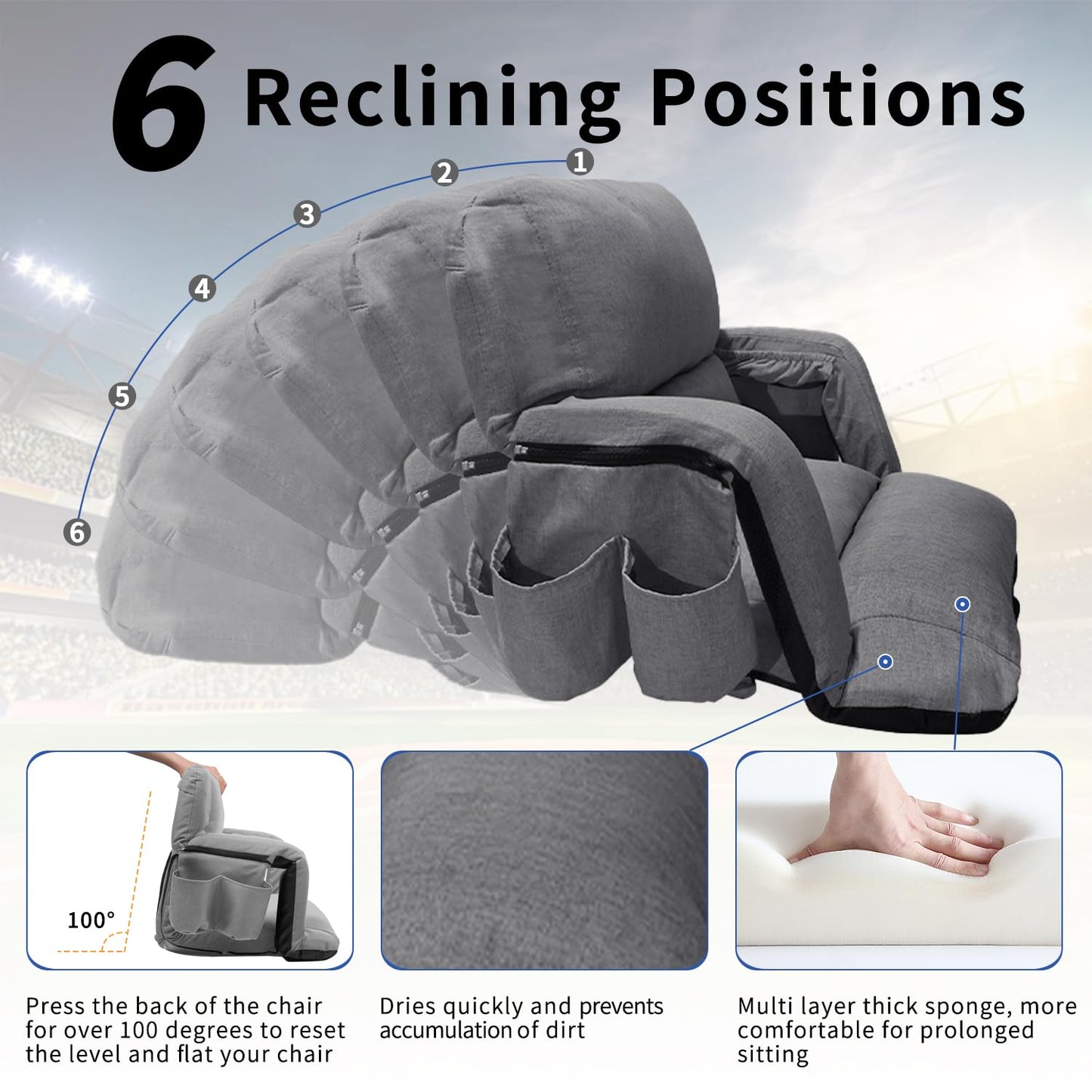 Stadium Seats with Back Support,Wide Stadium Chairs with Back and Cushion, Sofa Style Bleacher Chairs, 6 Reclining Positions, Extra Thick Bleacher Seat for Sports Events (Grey-1 Pack,Wide|22.5")
