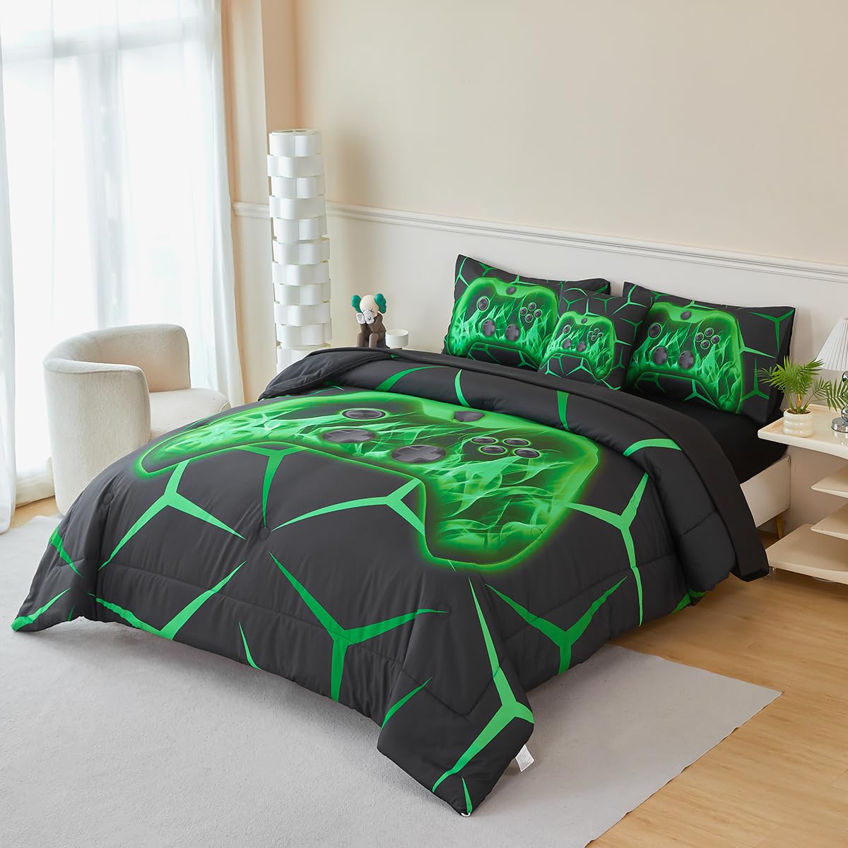 ZSYAYAHA Twin Bed Set for Boys Black and Green Gaming Comforter Set Kids Gamer Bedding Set for Teenage Girls Soft Lightweight 6 Pieces Geometric Bed in A Bag with Sheets(Green, Twin)