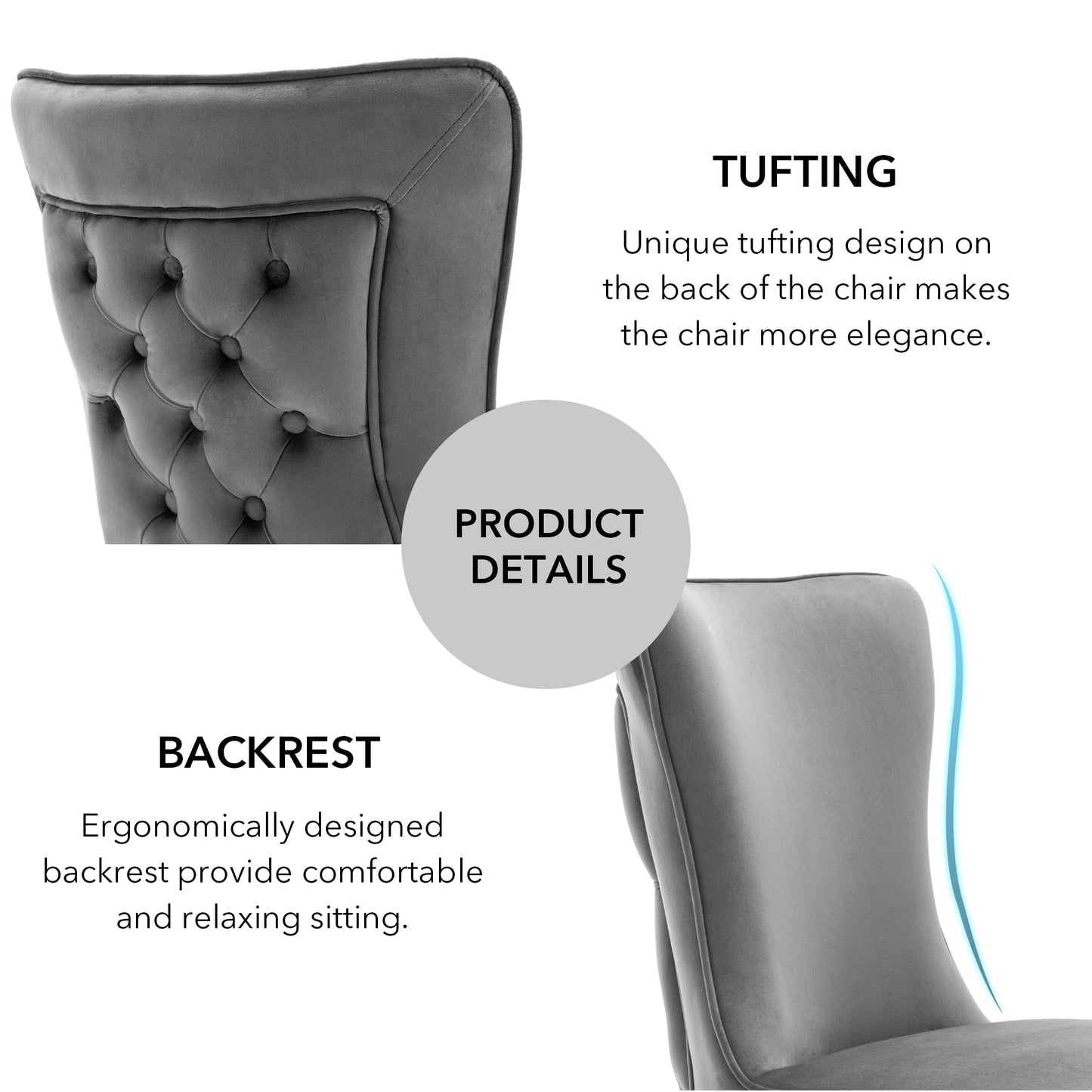 LOULENS Elegance Velvet Dining Chairs Set of 4, Luxurious Upholstered Tufted Dining Room Chairs, Glam Royal Velvet Accent Chairs with Stainless Steel Legs, Dark Grey