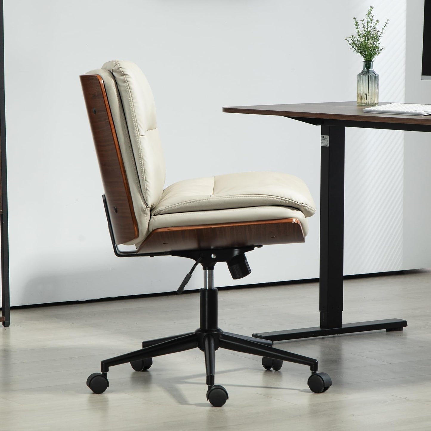 WQSLHX Office Chair, Criss Cross Legged Office Desk Chairs with Wheels, PU Leather Adjustable Swivel Walnut Task Chair with Wide Seat, Ergonomic Mid Back Computer Chair for Meeting Room, Home